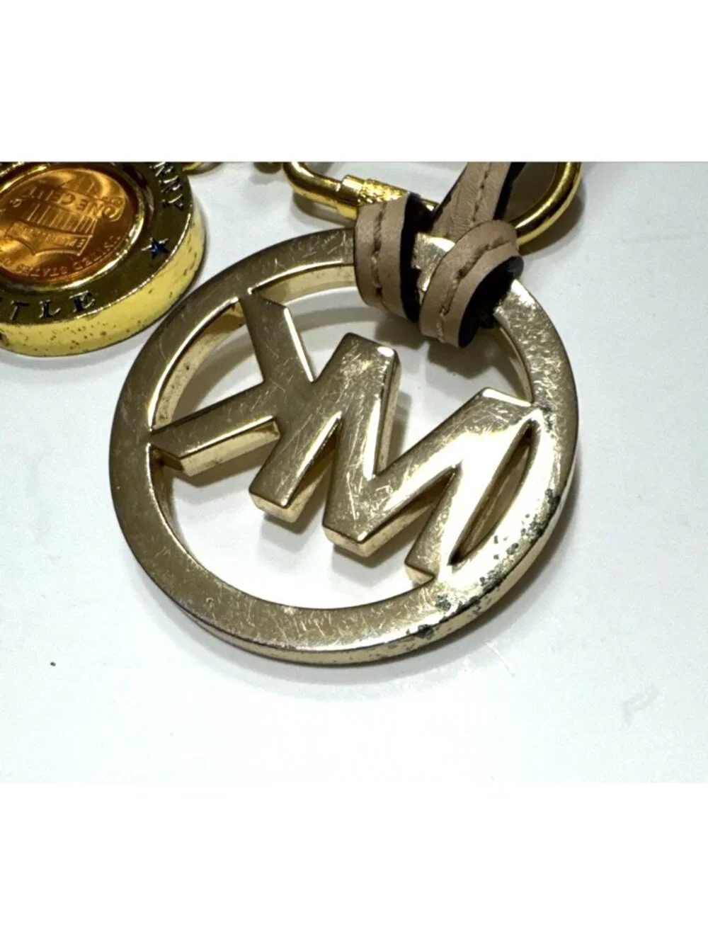 Michael Kors MK Monogram with Penny Logo Bag Charm Key Fob Gold with Tan Leather